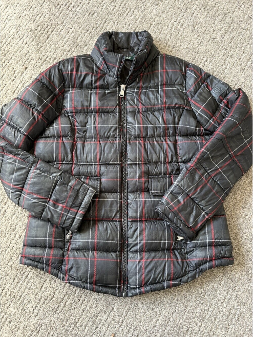 Lauren RALPH LAUREN Printed PLAID PUFF JACKET BLACK RED WHITE NWT Medium